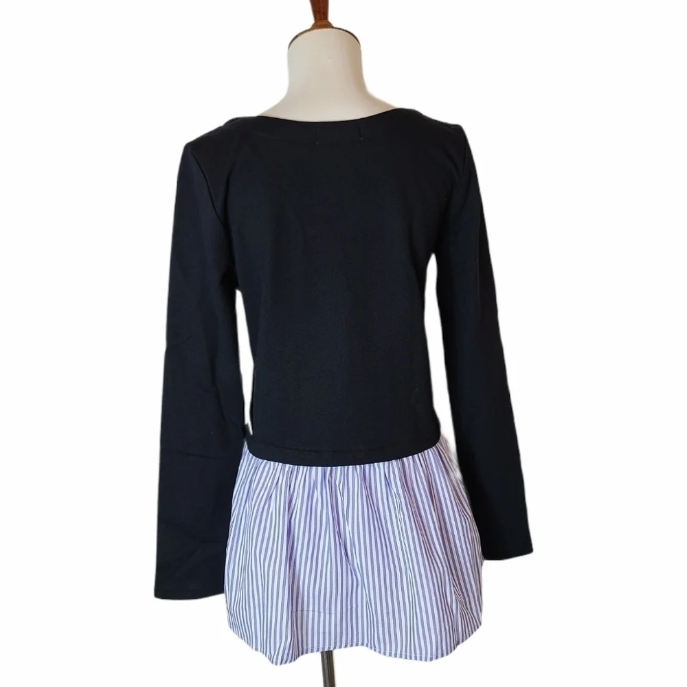 Nicole Miller Navy Blue Ruffle Stripe Cotton Crewneck Sweatshirt XSmall NWT - Picture 3 of 10